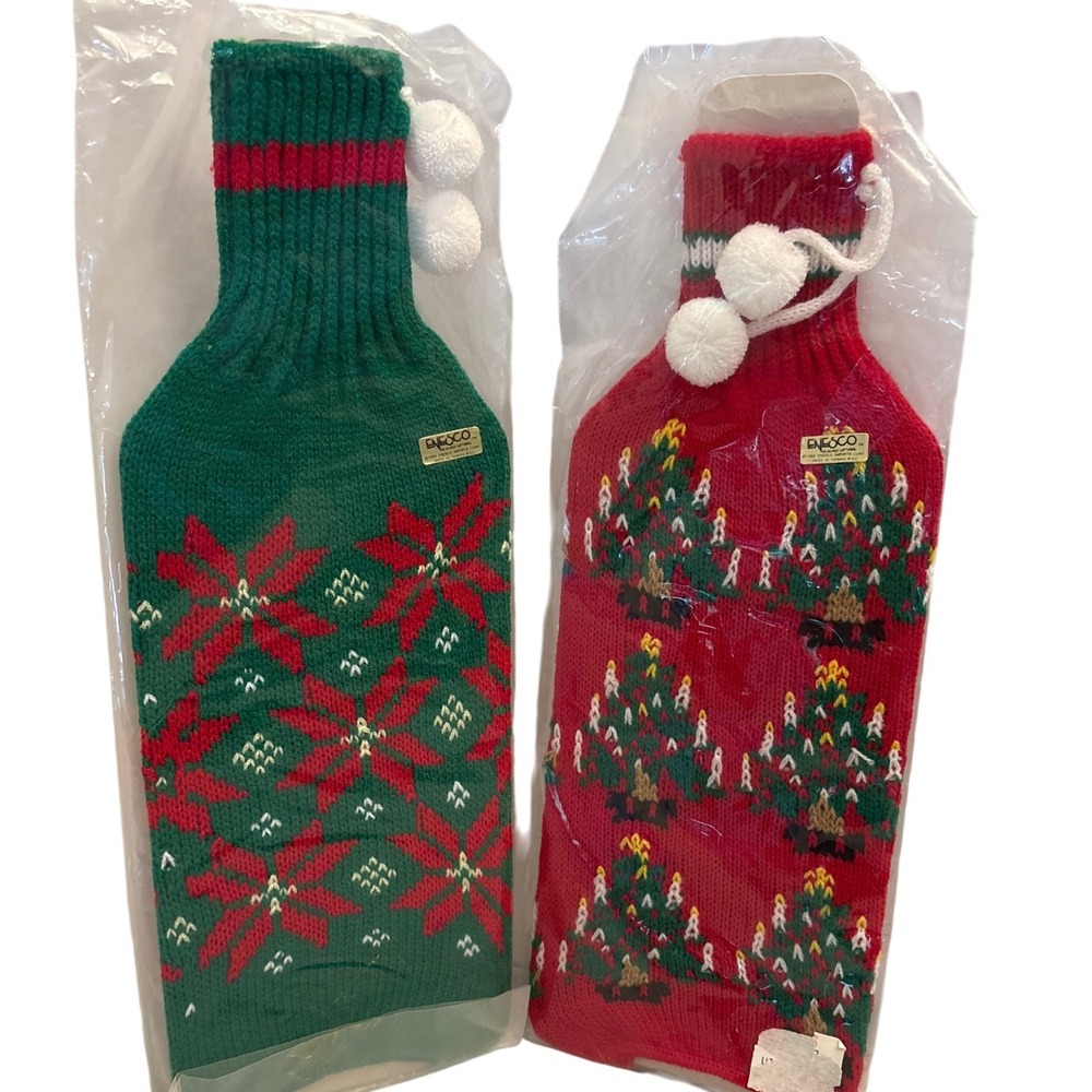 2 Vintage Enesco Christmas Bottle Sweaters Covers Poinsettia Wine Bottle Tree